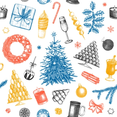 Christmas seamless pattern. Hand drawn vector illustration. Vintage background. Winter holiday decoration. Christmas tree, Christmas wreath, hot drinks, cookies, pastries, sweets sketches